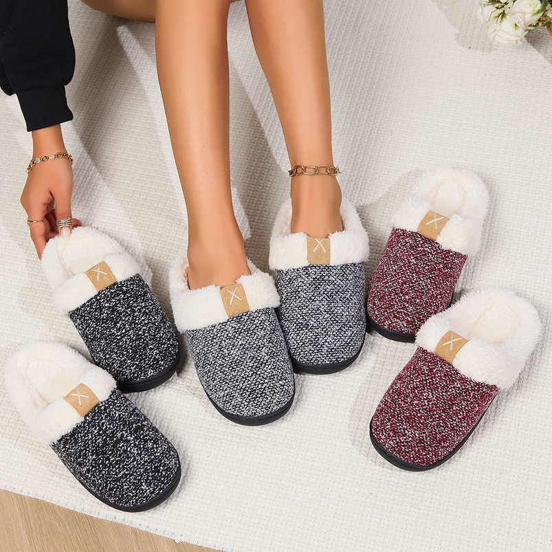 AMZN Furry Autumn Winter Home Indoor Cotton Warm Thick Sole Plush Slippers