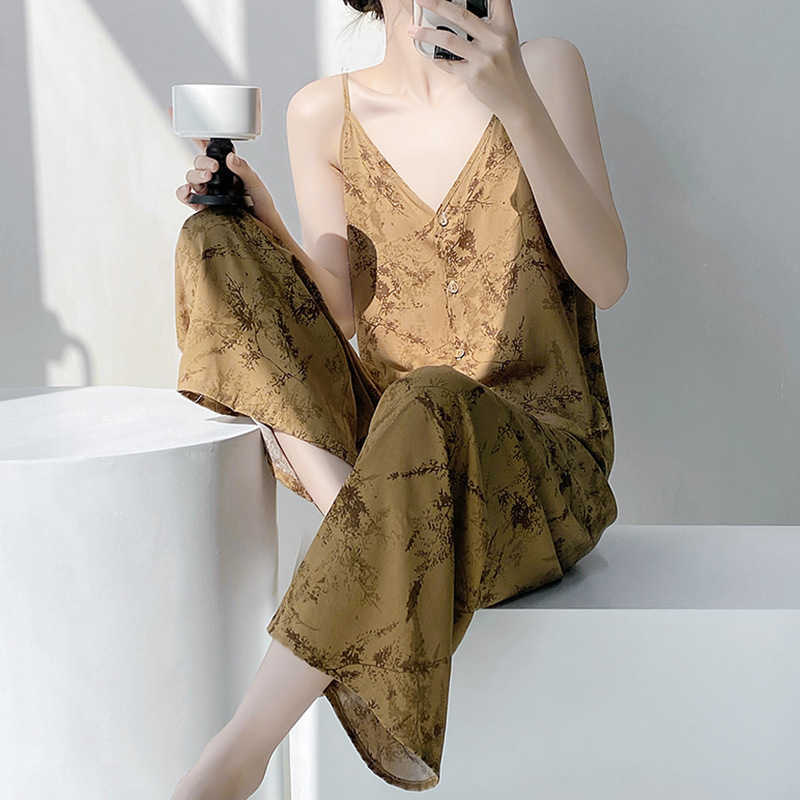 Women's light luxury cotton silk pajamas, two-piece set for spring, summer and autumn, loose and simple, plain color, halter top and cardigan set