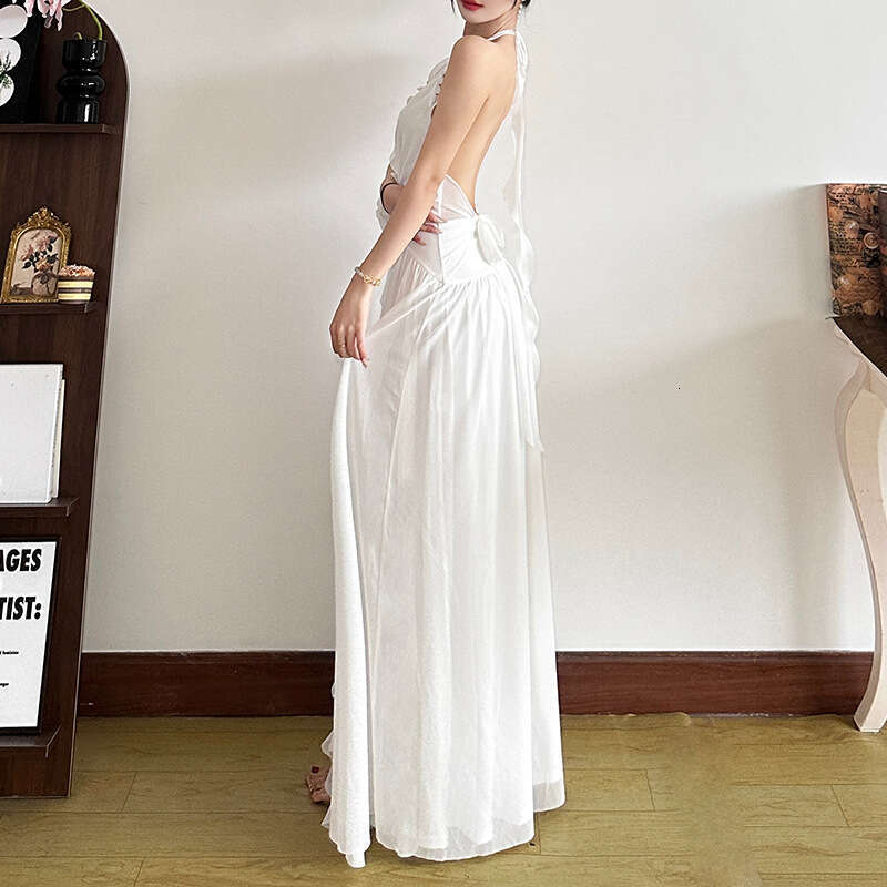 2025 Spring New Women's Solid Color Slim High Waist Fashion Halter Sexy Backless Dress 70e
