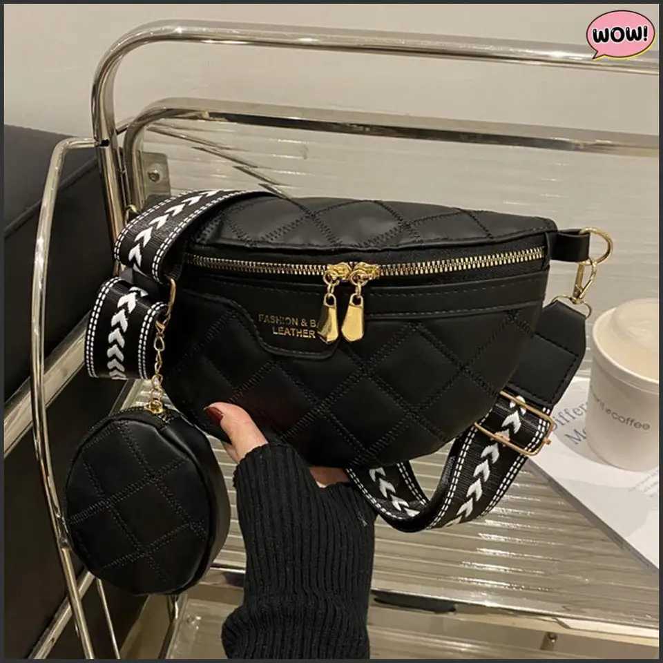 PU Leather Crossbody Bag Woven Latt Pattern Wide Strap Shoulder Bag Stylish Chain Zipper Waist Belt Bags For Women Y250724