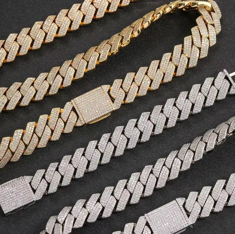 High Quality 925 Sterling Silver Moissanite Cuban Link Chain 20mm Bracelet Hip Hop Jewelry 3Rows Mossanite Cuban Chain