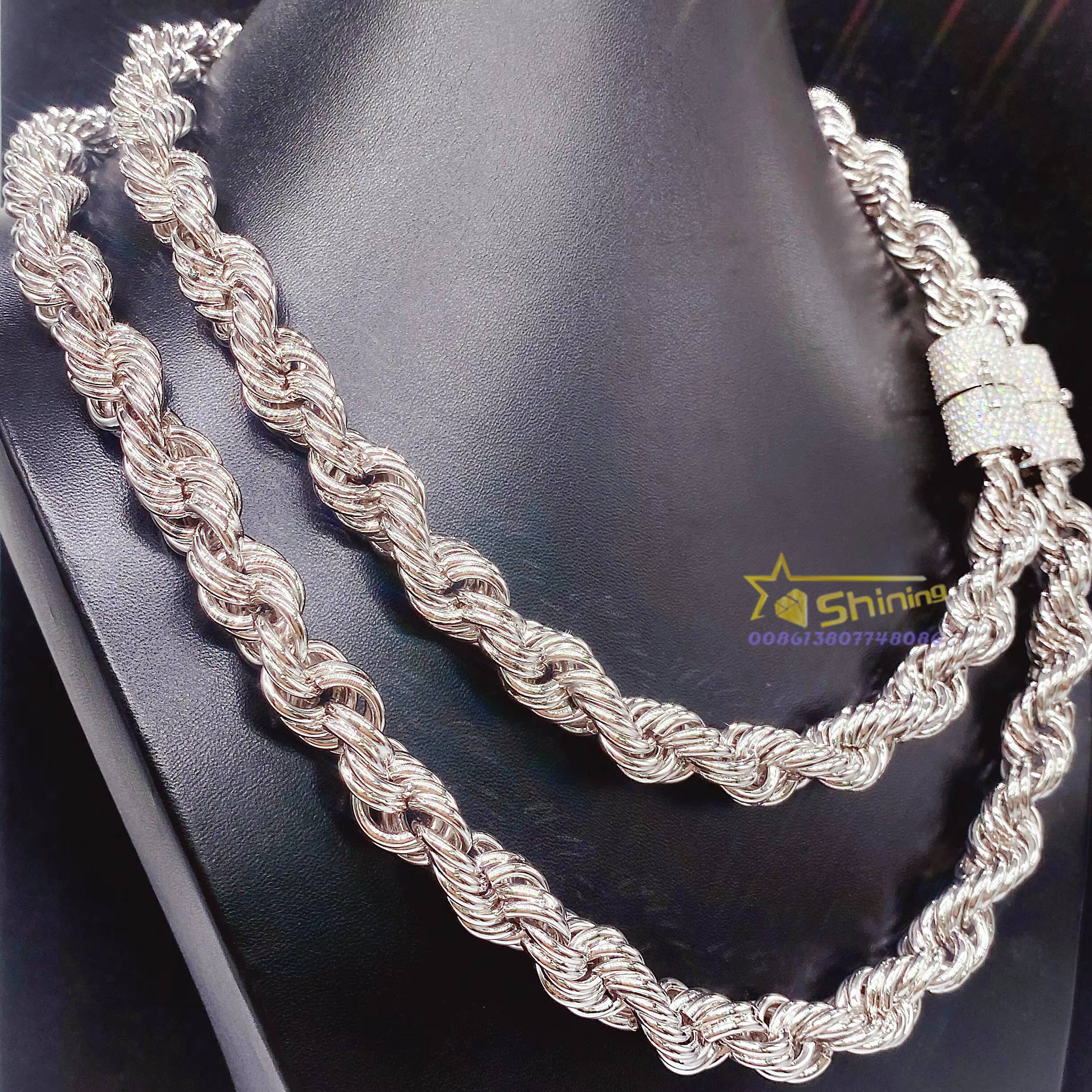Rapper Jewelry 12mm Wide Bulk Size Necklace 925 Real Silver Iced Out Diamond Clasp Moissanite Rope Chain