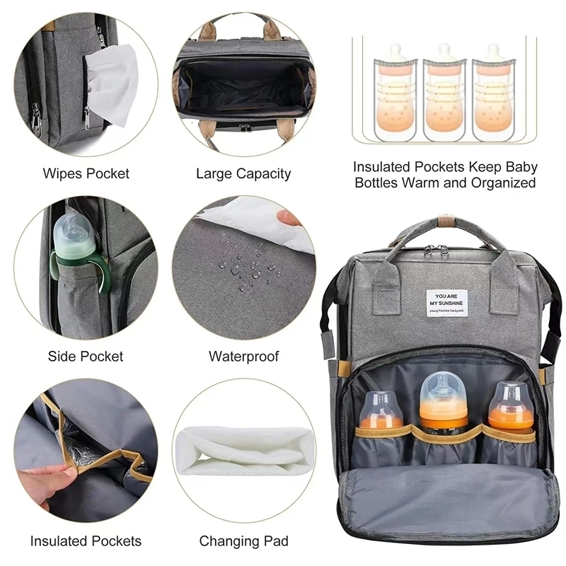 Foldable Bed Diaper Bag with Changing Station Insulated Pocket and Large Capacity Multifunctional Double Shoulder Mommy Bag w250724