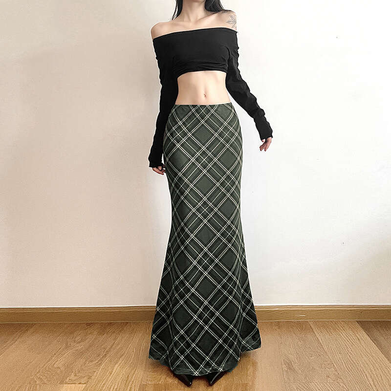 2023 Autumn New Women's Solid Color Slim Fit Fashion High Waist Plaid Fishtail Midi Skirt for Women 90f