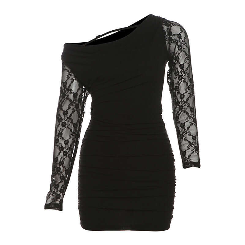 2024 Autumn New Women's Solid Color Slim High Waist Fashion Asymmetrical Neck Long Sleeve Sheer Mesh Dress 7d0