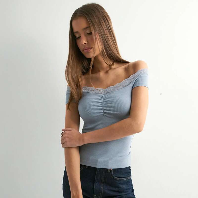 Y25tp190 Women's Summer New Solid Color Sleeveless Off-Shoulder Lace Sexy Top T-Shirt B5