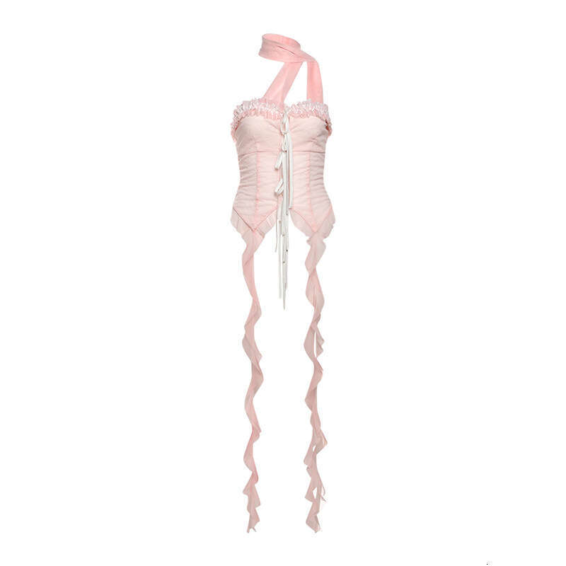 INS Style 2025 Winter New Sexy Street Tie Mesh Ruffle Short Halter Top for Women e5d