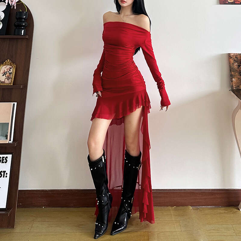 2024 Autumn Winter New Women's Solid Color Slim High Waist Fashion Off-Shoulder Long Sleeve Dress a27