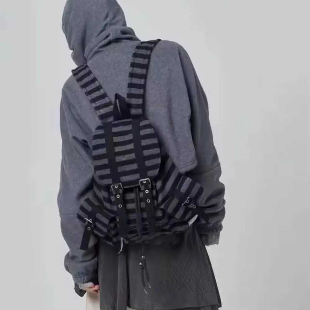 High Quality Korean Style Backpacks Drawstring Design Large Capacity Casual Bookbags Soft Flat Stripe Tote Bags Y250724