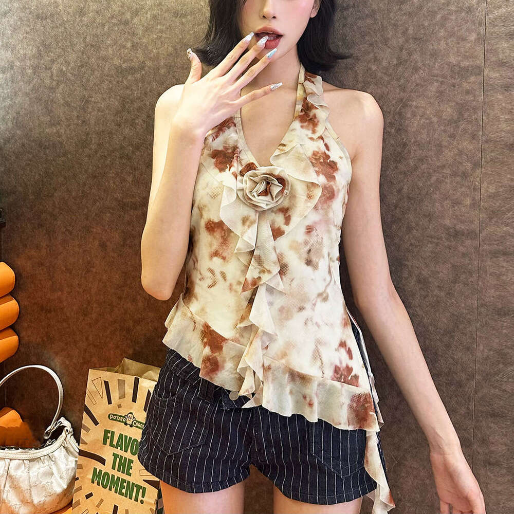 2025 Summer New Deep V Neck Slim Fit Elegant Ribbon Versatile Pure Desire Printed Slimming Top for Women 510