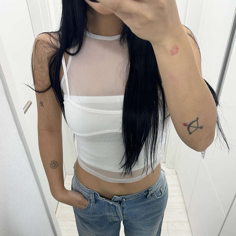 Women's Summer New Solid Color Round Neck Mesh Cover-Up Sexy Tube Top Two-Piece Set d90