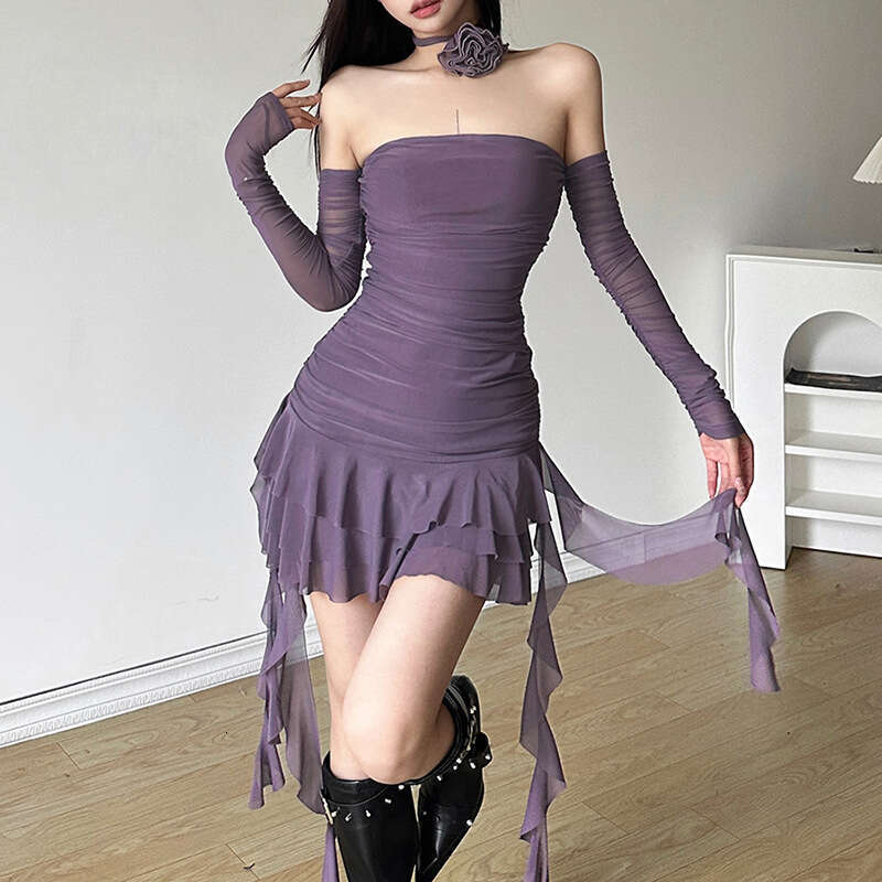 2023 Autumn Winter New Solid Color Sexy Off-Shoulder Fashion Tie Hip Dress 789