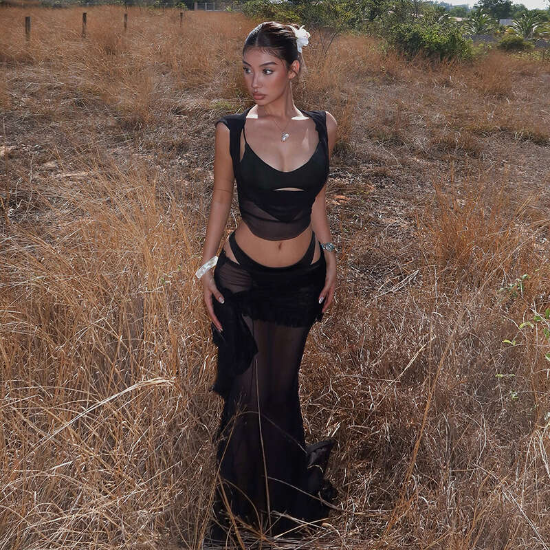 2025 Summer New Women's Sexy Hot Girl Solid Color Mesh Crop Top Fashion Street Outfit for Women 580