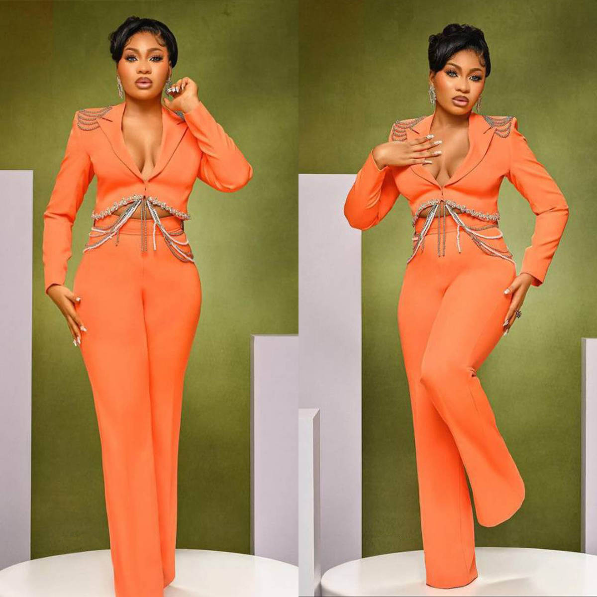 Orange Sexy Customized 2 Pieces Women Suits Crystal Beading Jacket Blazers Slim Fit Fashion Evening Party Show Wear