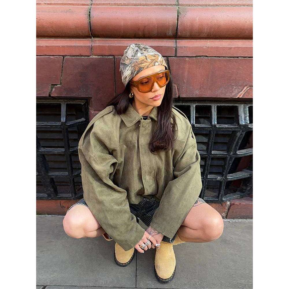 Green Jacket Coat Suede Texture Lapel Vintage Cargo Top Pilot Jackets Loose Casual Street Trendy Outwear Baseball Uniform