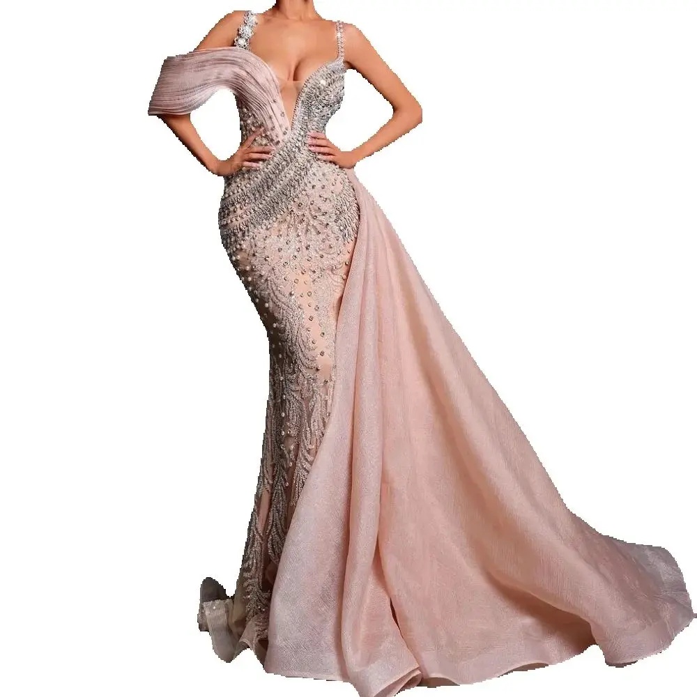 Elegant Sequined Lace Evening Dresses Customized Sexy Beaded Crystal Sleeveless Prom Dress Side Train Floor Length Party Gown