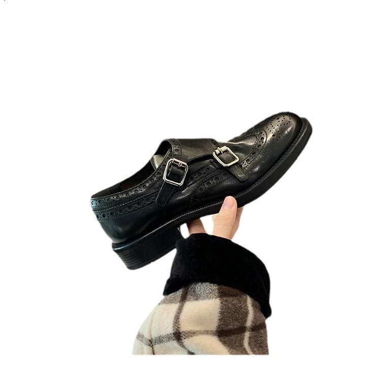 Premium Designer Leather Wrinkled Round Toe Chunky Heel Loafers British Style Height Increasing Effect Women's Winter Shoes