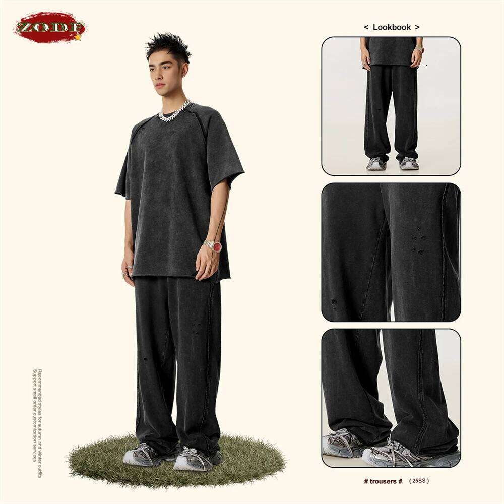 ZODF Vintage 2025 Spring Men Washed Cotton Pants Unisex High Street Cut Holes Oversized Straight Trousers Brand Clothes HY1022