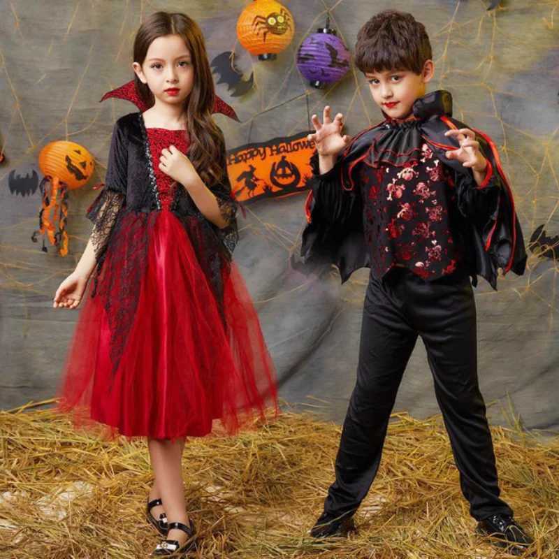 2025 Girls Cosplay Vampire Halloween Dress For Kids Ghost Bride Gothic Costume Count Vampiran Carnival Outfit Black Red Clothes Z250725