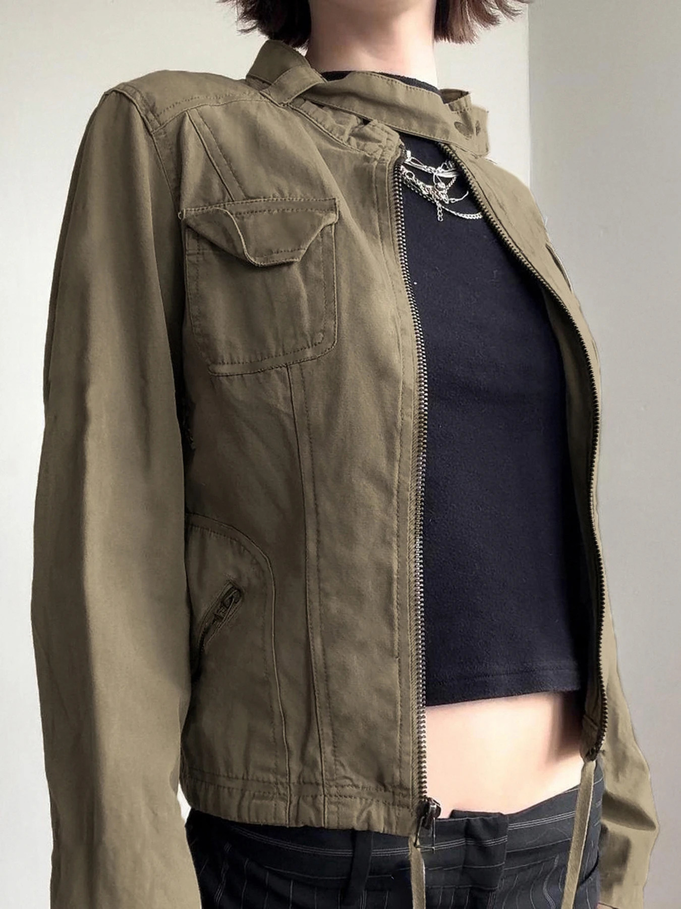 Rockmore Vintage Zip Up Stand Collar Cargo Jacket Women Autumn Harajuku Long Sleeve Streetwear Pockets Drawstring Hem Coats Y2K 250717