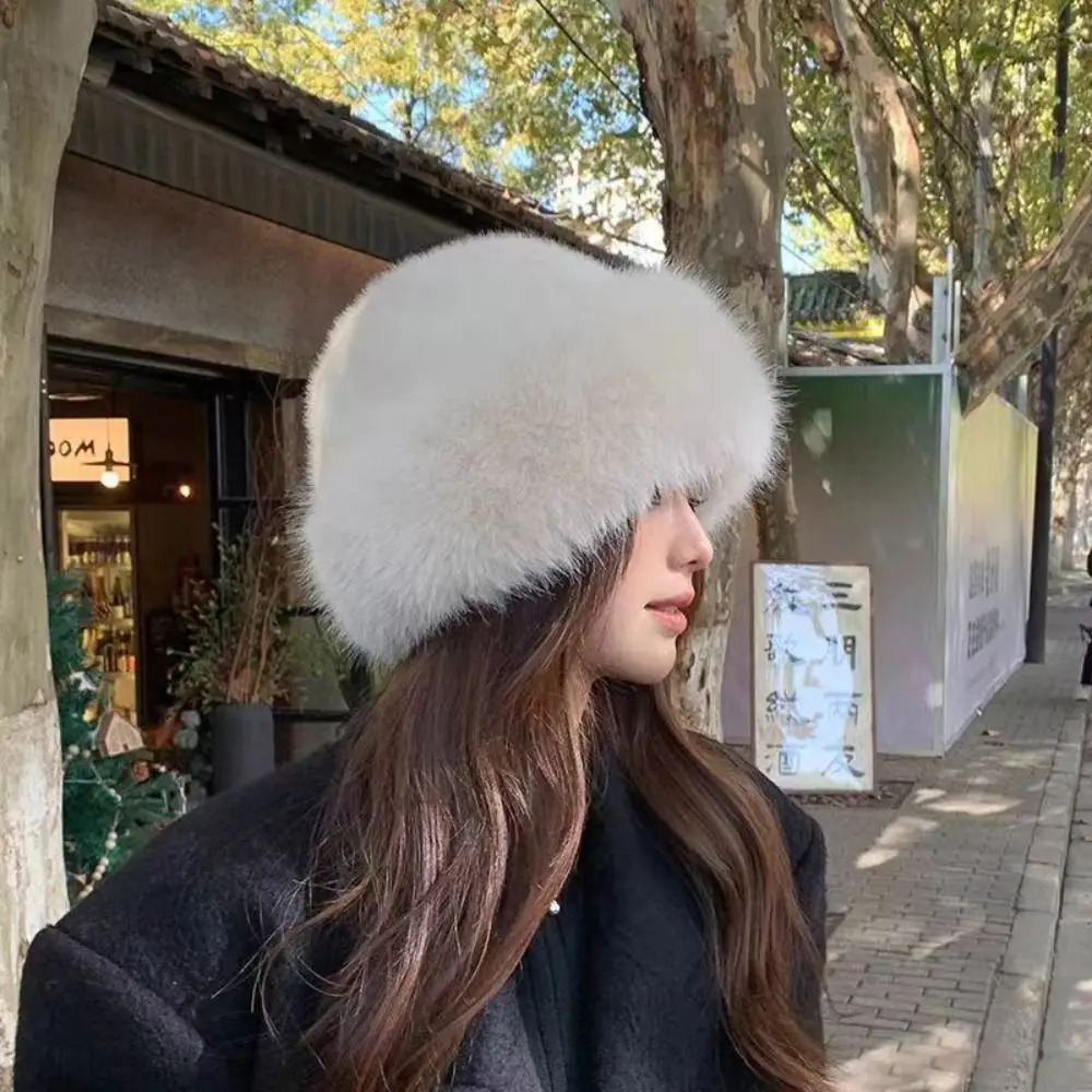 Casual Warm Cap Faux Fur Mink Hat Korean Style Bucket Hat Plush Basin Cap Solid Color Solid Beanie Winter 250724