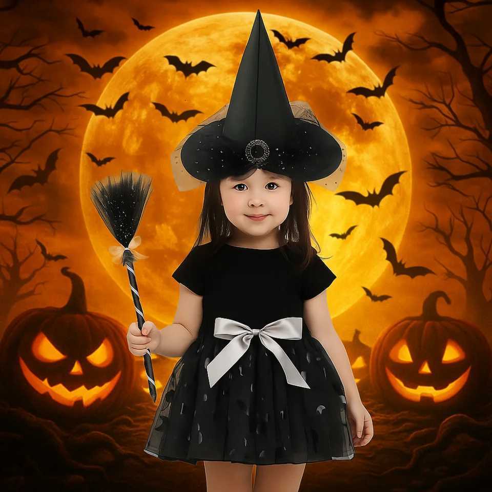 3Pcs/set Wizard Childern Halloween Costumes Poin Hat Bright Color Kids Witch Dress Set Short Skirt Costume Cosplay Props Z250725