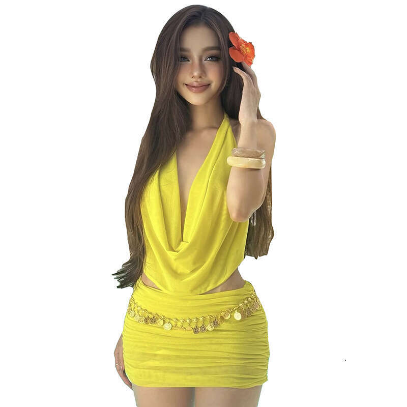 2025 Summer New Hot Girl Sexy Temperament Deep V Top Slim High Waist Half Skirt Set for Women 046