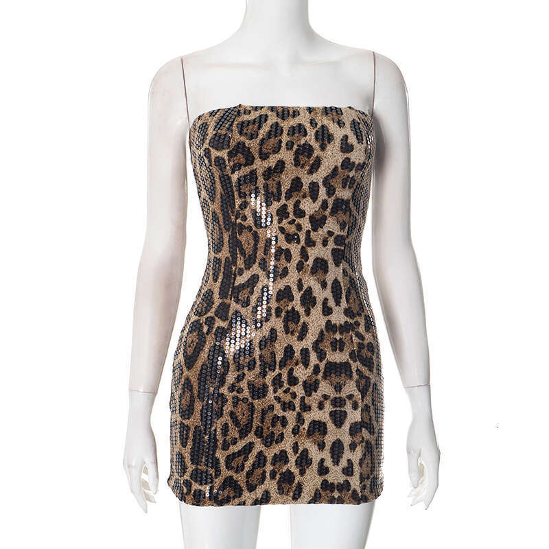 Yds693 Women's Autumn Winter Strapless Leopard Print Sequin Backless Waist-Cinching Pullover Bodycon Short Dress B5