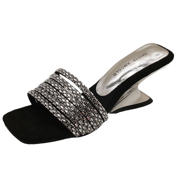 Ddmysports French Style Elegant Rhinestone One Strap Summer Outdoor Mid Heel High Slippers Square Toe Sandals Outdoor Shoes