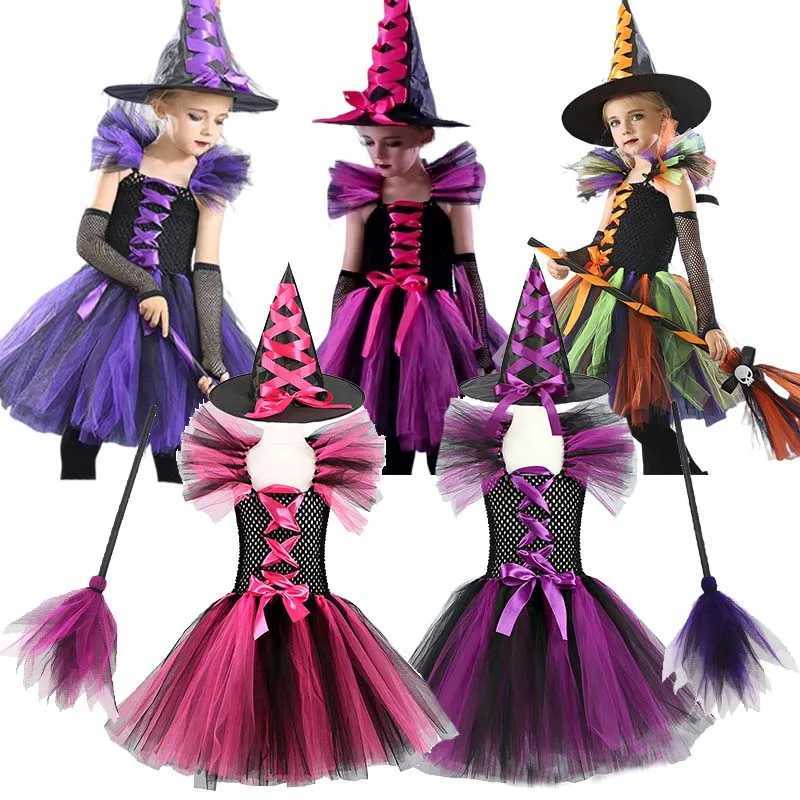 Halloween Childrens Witch Costume Purple Orange Pink Tulle Tutu Dress with Hat Joker Demon Dress-Up for Carnival Parties Z250725