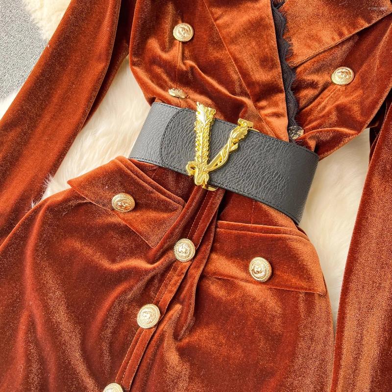 Lanjia- Casual Dresses Autumn Elegant V-Neck Veet Dress Women Long Sleeve Fashion Metre Buttons Split Sheath Bodycon Office Party Pencil Vestidos A669