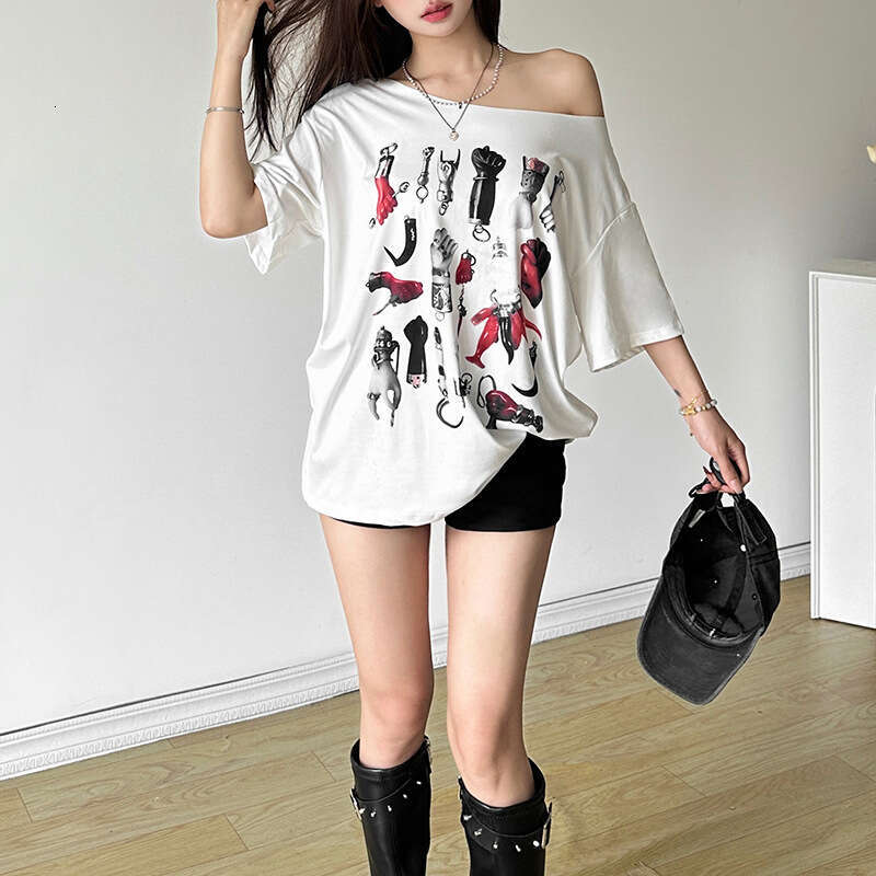 2024 Summer New Women's Solid Color Loose Street Fashion Asymmetrical Neck Short Sleeve Mid-Length Top 29b