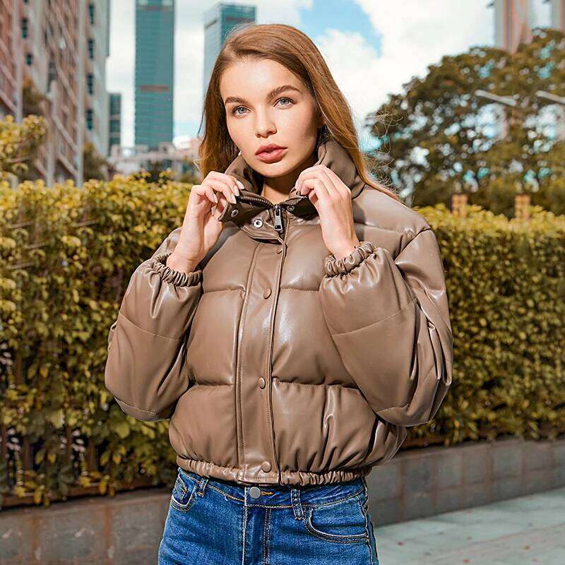 Winter Thick Warm Cropped Puffer Jacket Women Black PU Leather Parkas Elegant Zipper Coat Cotton Padded Punk Outwear 2023