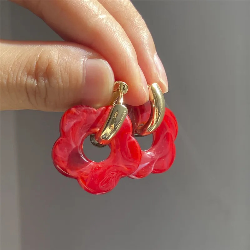 Pink Acrylic Flower Resin Drop Earrings Simple Round Hollow Copper Girls Jewelry Cute Party Personality Gifts 250715