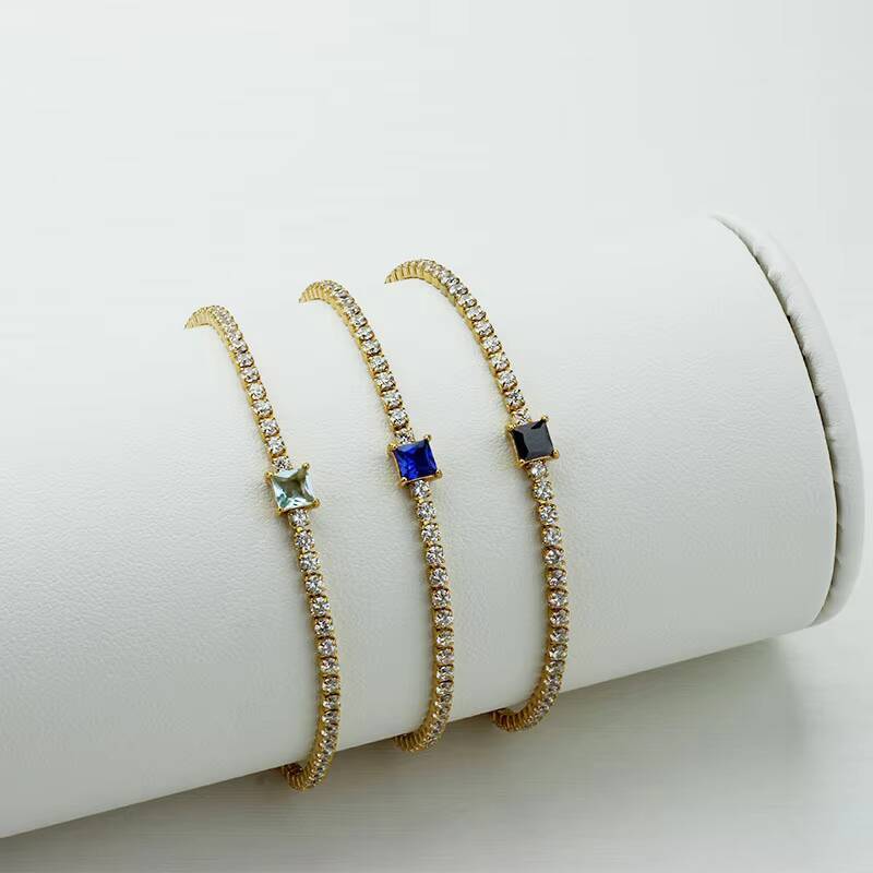 Square CZ Tennis Bracelet | 18K PVD Gold Stainless Steel Adjustable Chain | Minimalist Waterproof Jewelry for Women | No Fading