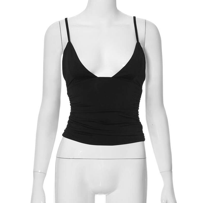 Ytp080 Women's Summer New Solid Color V-Neck Sleeveless Navel-Baring Ruched Sexy Camisole Top B5