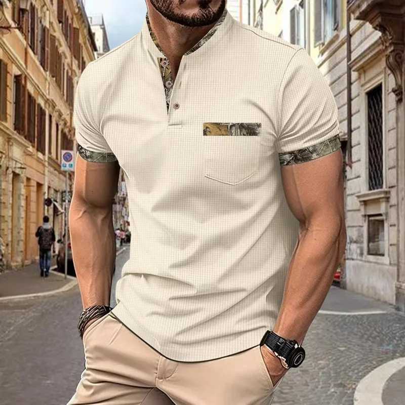 Summer New Mens Short Sleeve Polo Shirt Half Zipper Color Block Pocket Polo Shirt Fashion Casual Polo Collar ShirtXJ250725