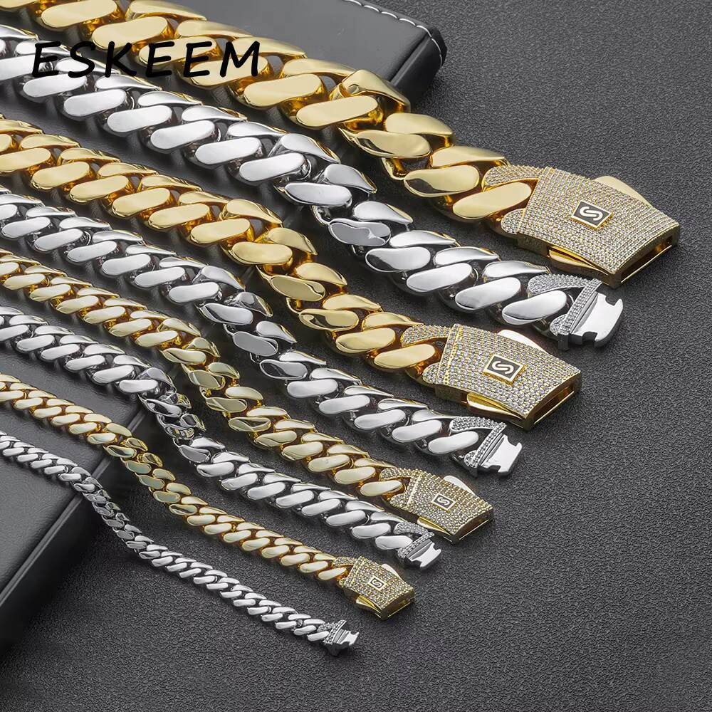 Eskeem Luxury Iced Out Cuban Link Necklace 6-10mm 14K Gold Plated Monaco 925 Silver VVS Moissanite Clasp Smooth Finish Chain