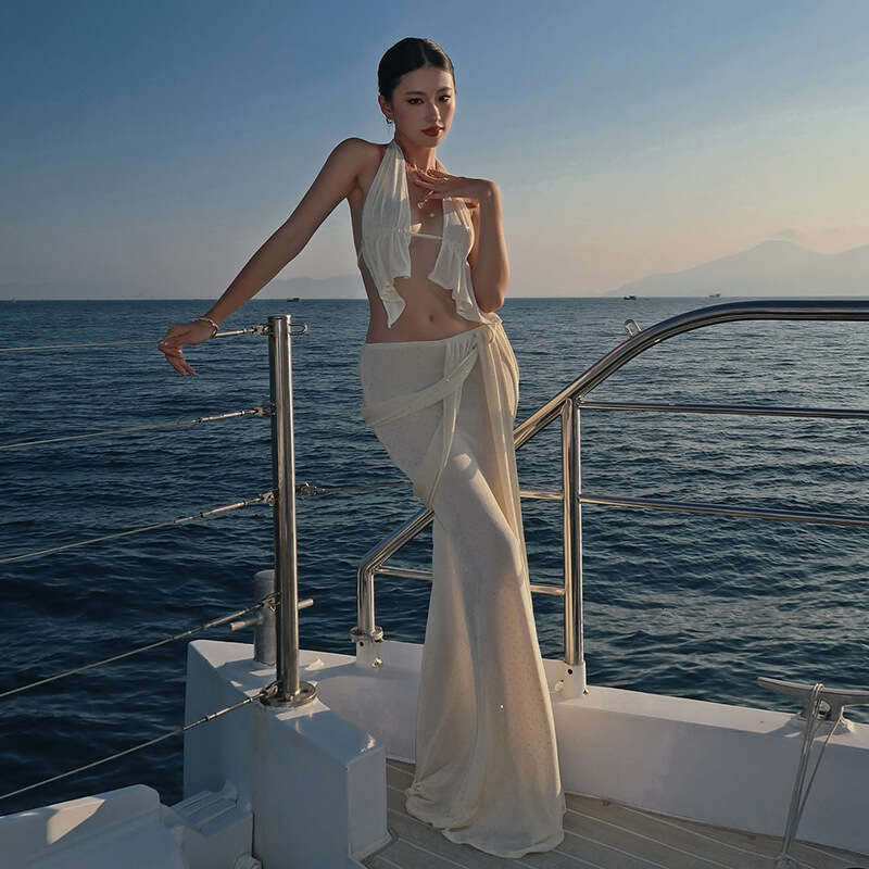 2025 Summer New Sexy Sleeveless Halter Neck Tank Top High Waist Long Skirt for Women 20f