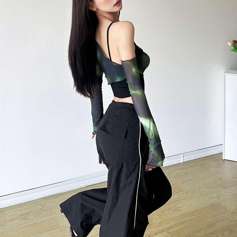 2024 Autumn New Women's Solid Color Slim Street Fashion Asymmetrical Neck Long Sleeve Printed Top b01