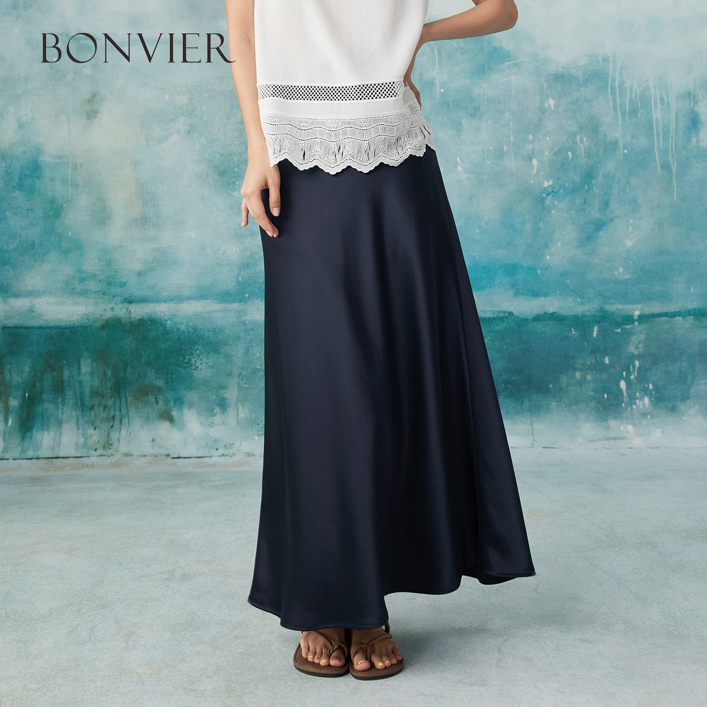 2025 summer new high waist slimming elegant A-line skirt silky satin acetate high-end skirt 6111805