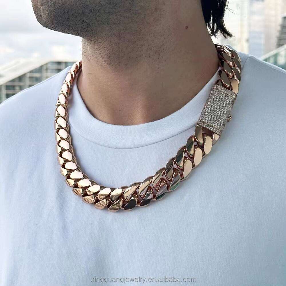 Rose Gold Plated 24mm Wide Miami Solid Sier Men's Silicone Stone Lock Cuban Chain Necklace Jewelry