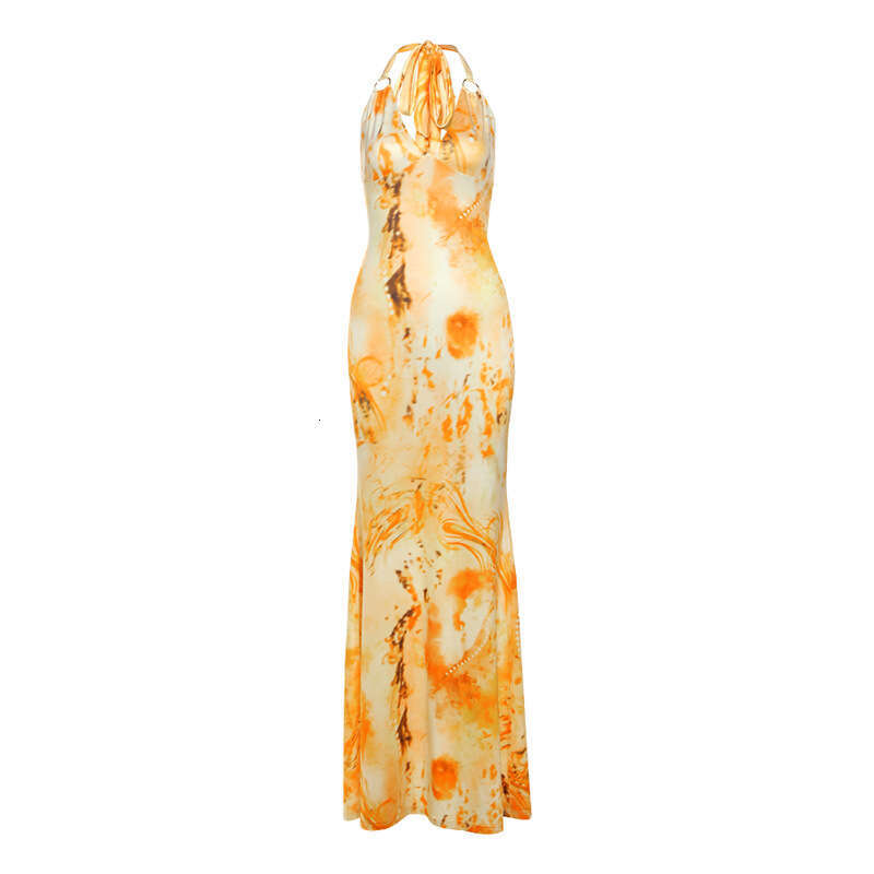 2025 Women's Summer New Fashion Printed Tie-Dye Strap Halter Backless Dress d25