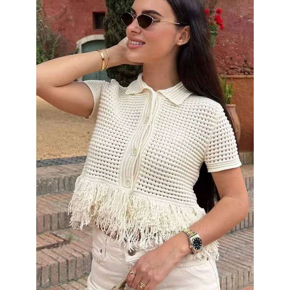 Designer Clothing 2025 TFMLN Elegant Women's Tassel Knitted Mini Set Chic Hollow Out Short Sleeve Button Tops High Waist Skirt Female Slim Outfit