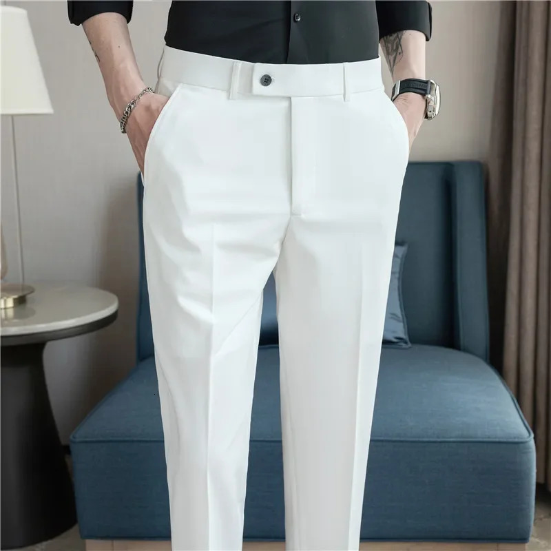 2025 Summer Thin White Elastic Nine Cent Suit Pants for Mengray Blue Fourside Comfortable Drape Mens Casual Trousers 250725