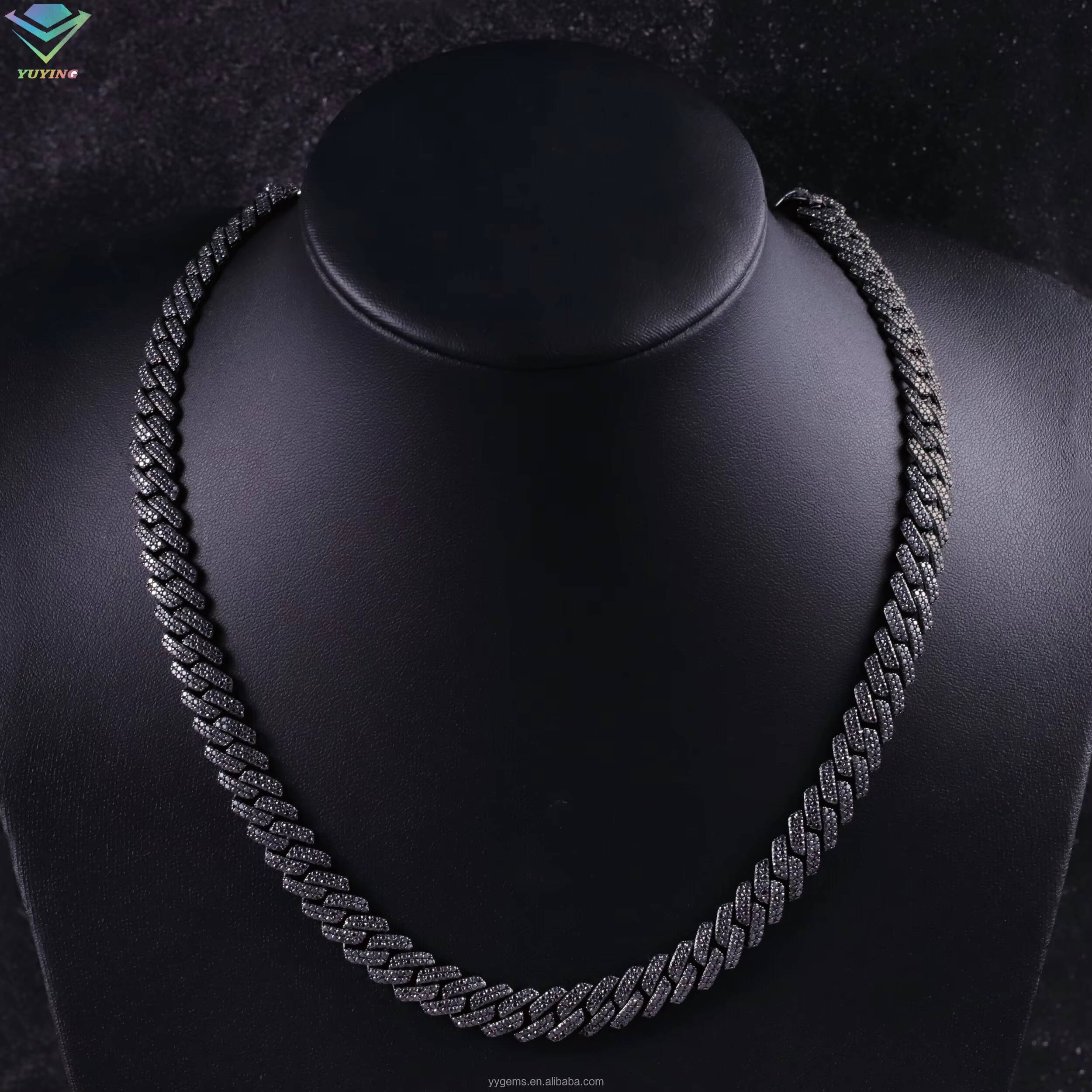 VVS Black Diamond 2rows 10mm 12mm S925 Silver Hip Hop Necklace For Men Black Moissanite Cuban Link Chain For Fashion Jewelry