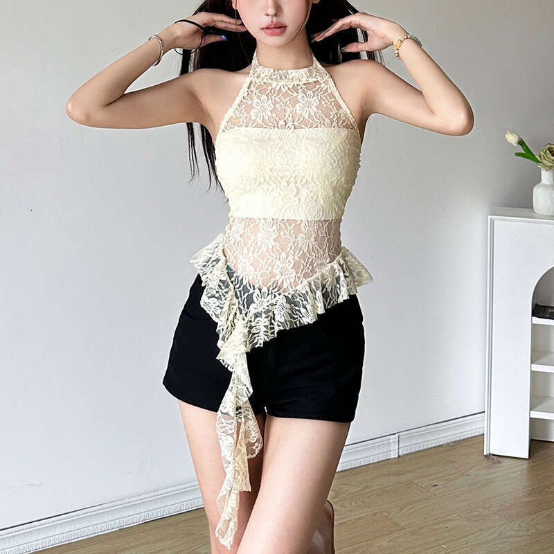 2024 Women's Summer New Fashion Sexy Round Neck Sleeveless Lace Trim Tank Top 489