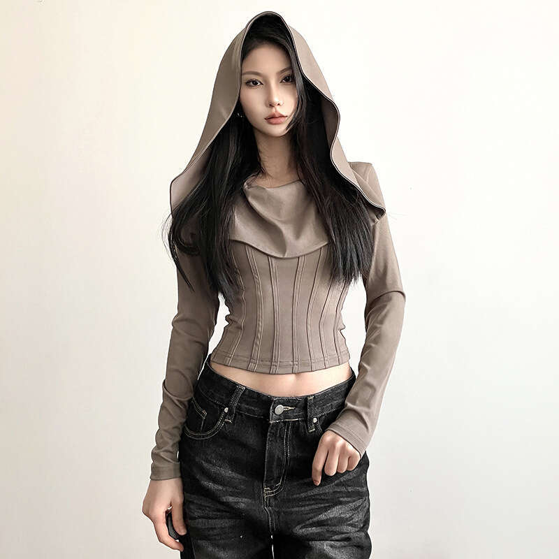 Women's Clothing 2023 Autumn and Winter New Solid Color Fashion Sexy Long Sleeve Hooded Crop Top T-Shirt 152