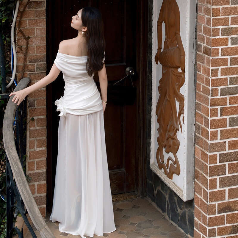 2025 Summer New Pure Desire White Off-Shoulder Strapless Mesh Long Dress for Women 76a