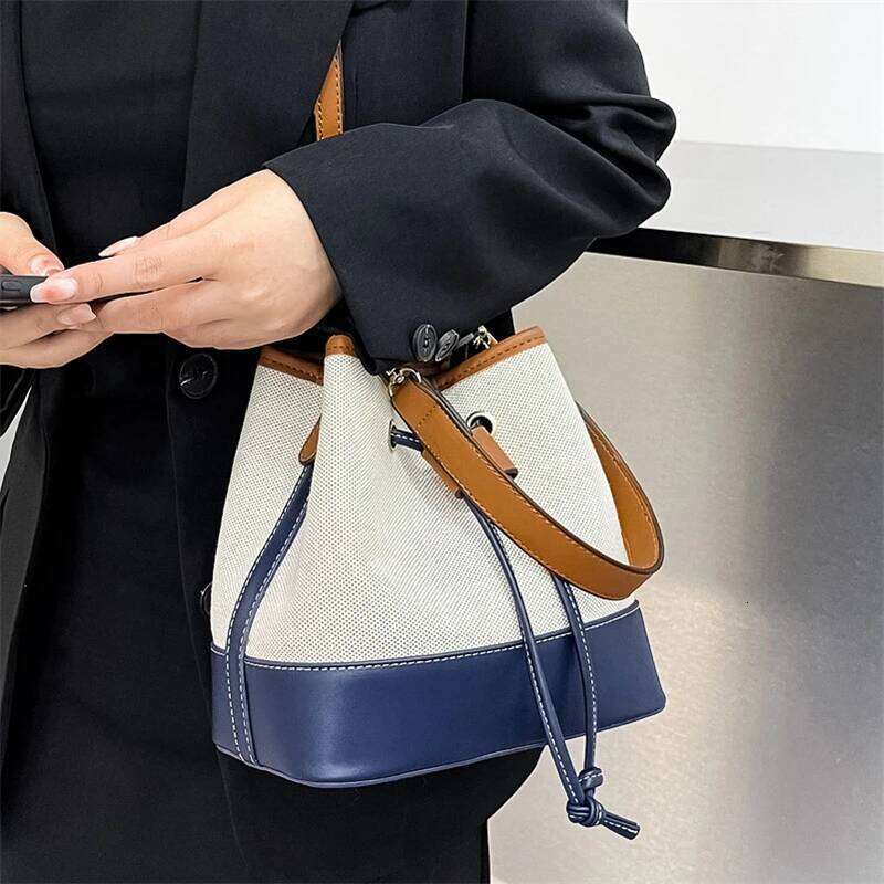 Contrast Color Drawstring Bucket for Women Autumn New Fashion Canvas Handbags Large Capacity Crossbody Tote Shopper Bag